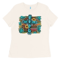 Bone western gemstone cross sunflowers serape leopard glitter Ladies Tee - Artiststas