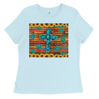 Baby Blue western gemstone cross sunflowers leopard serape glitter wooden tumble Ladies Tee - Artiststas
