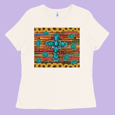 Western Gemstone Cross Sunflowers Leopard Serape Glitter Wooden Tumble Ladies Tee Designed By Artiststas