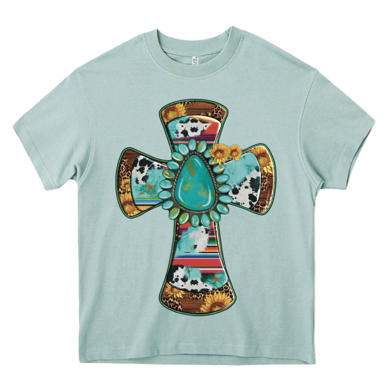 Cross With Leopard Sunflower Gemstone Serape Cowhide Heavy Core Tee by Artiststas | Teevron