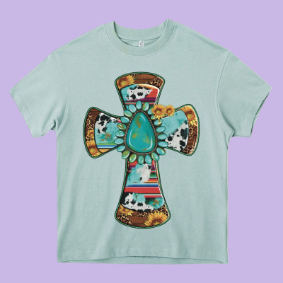 Cross With Leopard Sunflower Gemstone Serape Cowhide Heavy Core Tee Designed By Artiststas