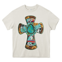 Cream cross with leopard sunflower gemstone serape cowhide Heavy Core Tee - Artiststas