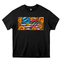 Usa Flag And Serape With Leopard And Sunflowers License Plate Heavy Core Tee | Teevron