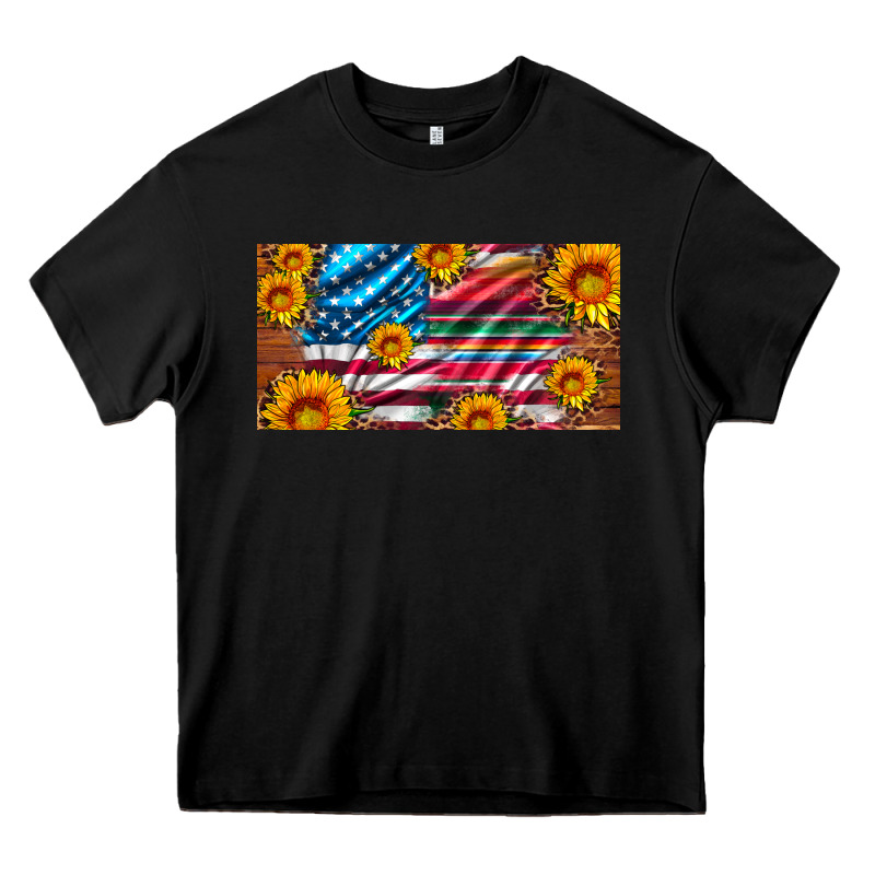 Usa Flag And Serape With Leopard And Sunflowers License Plate Heavy Core Tee by Artiststas | Teevron
