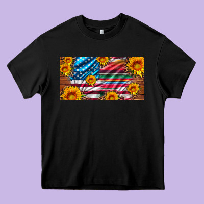 Usa Flag And Serape With Leopard And Sunflowers License Plate Heavy Core Tee Designed By Artiststas