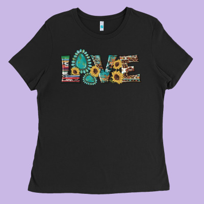 Western Gemstone Sunflowers Serape Leopard Turquoise Love Ladies Tee Designed By Artiststas