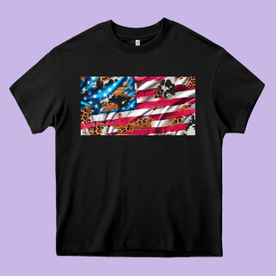 Usa Flag And Leopard With Wood License Plate Heavy Core Tee Designed By Artiststas