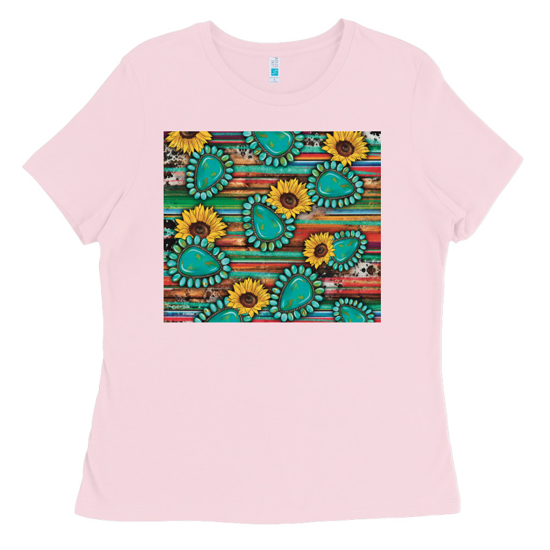 Western Gemstone Sunflowers Serape Cowhide Glitter Wooden Ladies Tee by Artiststas | Teevron