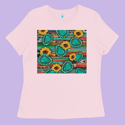 Western Gemstone Sunflowers Serape Cowhide Glitter Wooden Ladies Tee Designed By Artiststas