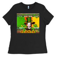 Saint Patricks Cow And Hat With Sunflower And Shamrock Ladies Tee | Teevron