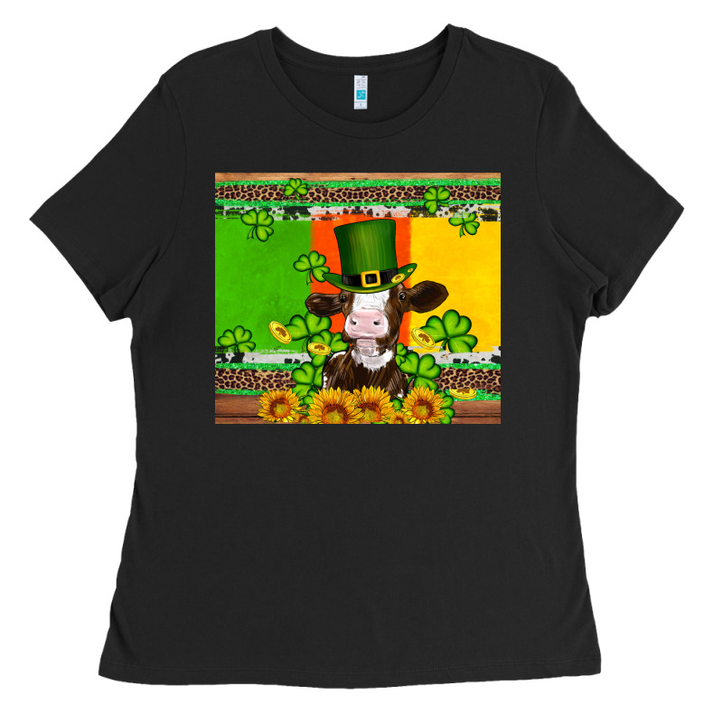 Saint Patricks Cow And Hat With Sunflower And Shamrock Ladies Tee by Artiststas | Teevron