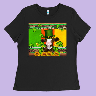 Saint Patricks Cow And Hat With Sunflower And Shamrock Ladies Tee Designed By Artiststas