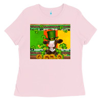Bubblegum Pink saint patricks cow and hat with sunflower and shamrock Ladies Tee - Artiststas
