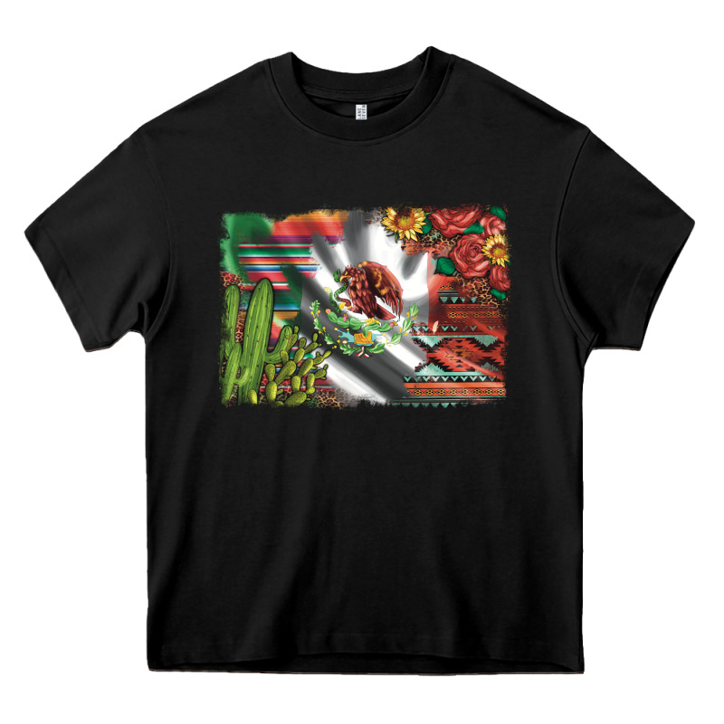 Mexico Flag Sunflowers Roses And Cactus With Serape Aztec And Leopard Heavy Core Tee by Artiststas | Teevron