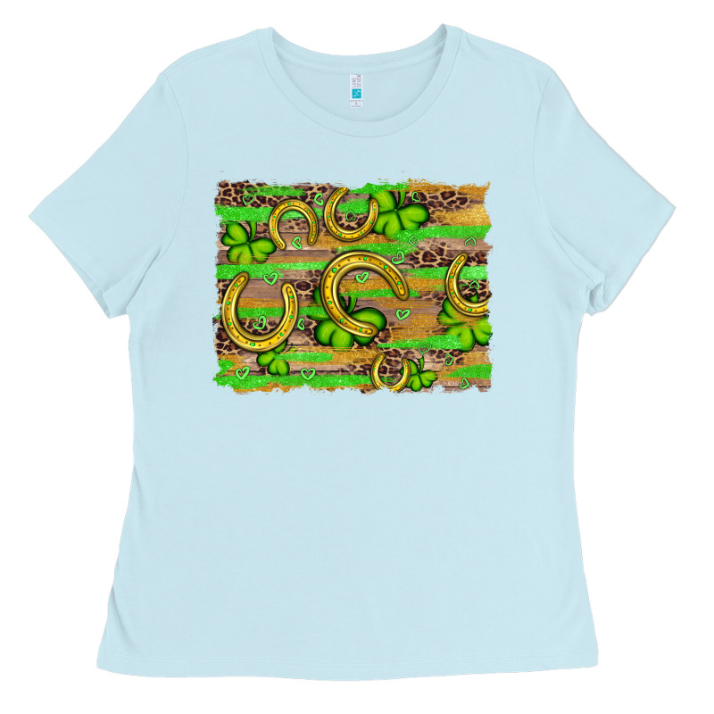 Horseshoe Shamrock Leopard Wood Glitter Background Ladies Tee by Artiststas | Teevron