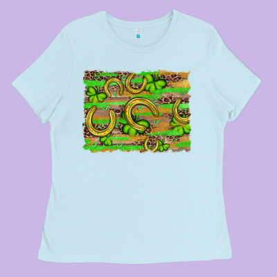 Horseshoe Shamrock Leopard Wood Glitter Background Ladies Tee Designed By Artiststas