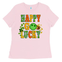 Bubblegum Pink happy go lucky  with coin and shamrock Ladies Tee - Artiststas