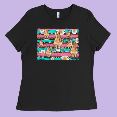 Easter Bunny With Daisy And Turquoise Cowhide Leopard  Background Ladies Tee Designed By Artiststas