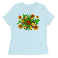 Baby Blue st patricks sunflowers with shamrock and glitters with leopard Ladies Tee - Artiststas