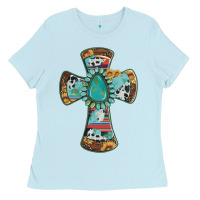 Baby Blue cross with leopard sunflower gemstone serape cowhide Ladies Tee - Artiststas
