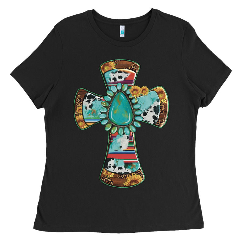 Cross With Leopard Sunflower Gemstone Serape Cowhide Ladies Tee by Artiststas | Teevron