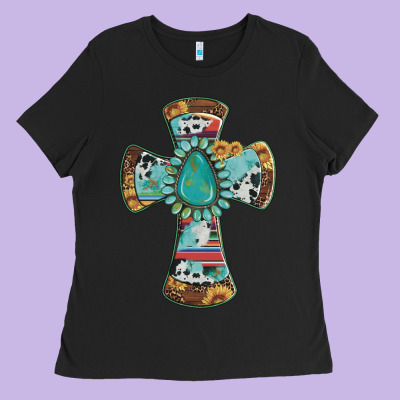 Cross With Leopard Sunflower Gemstone Serape Cowhide Ladies Tee Designed By Artiststas