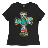 Black cross with leopard sunflower gemstone serape cowhide Ladies Tee - Artiststas