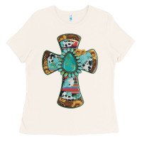 Bone cross with leopard sunflower gemstone serape cowhide Ladies Tee - Artiststas