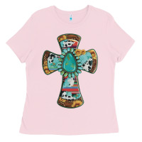 Bubblegum Pink cross with leopard sunflower gemstone serape cowhide Ladies Tee - Artiststas