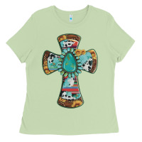 Matcha cross with leopard sunflower gemstone serape cowhide Ladies Tee - Artiststas