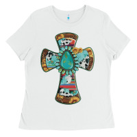 White cross with leopard sunflower gemstone serape cowhide Ladies Tee - Artiststas