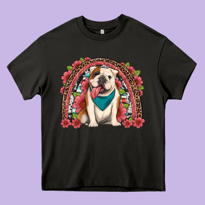 English Bulldog Floral Rainbow Heavy Core Tee Designed By Artiststas