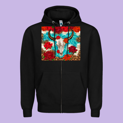 Bull Skull Rose Zipper Hoodie Designed By Tumblerdesignbyshophia