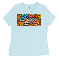 Baby Blue usa flag and serape with leopard and sunflowers license plate Ladies Tee - Artiststas