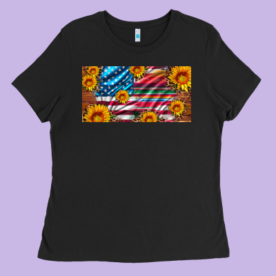Usa Flag And Serape With Leopard And Sunflowers License Plate Ladies Tee Designed By Artiststas