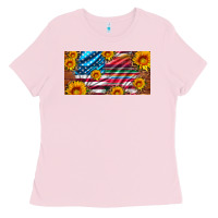 Bubblegum Pink usa flag and serape with leopard and sunflowers license plate Ladies Tee - Artiststas