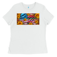White usa flag and serape with leopard and sunflowers license plate Ladies Tee - Artiststas