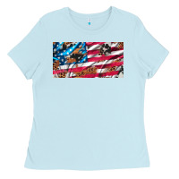 Baby Blue usa flag and leopard with wood license plate Ladies Tee - Artiststas