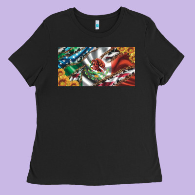 Usa Flag And Mexico Flag With Sunflower And Cowhide  License Plate Ladies Tee Designed By Artiststas