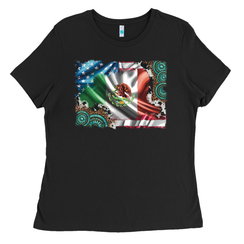 Usa And Mexico Flag With Leopard Cowhide And Gemstone Background Ladies Tee by Artiststas | Teevron