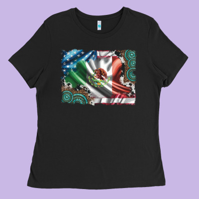 Usa And Mexico Flag With Leopard Cowhide And Gemstone Background Ladies Tee Designed By Artiststas