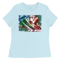 Baby Blue usa and mexico flag with leopard cowhide and gemstone background Ladies Tee - Artiststas