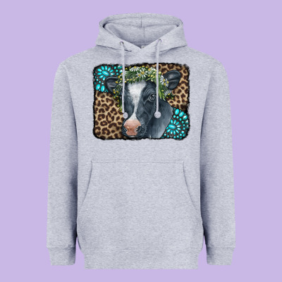 Floral Cow Leopard Gemstone Heavyweight Hoodie Designed By Cowcowdesign