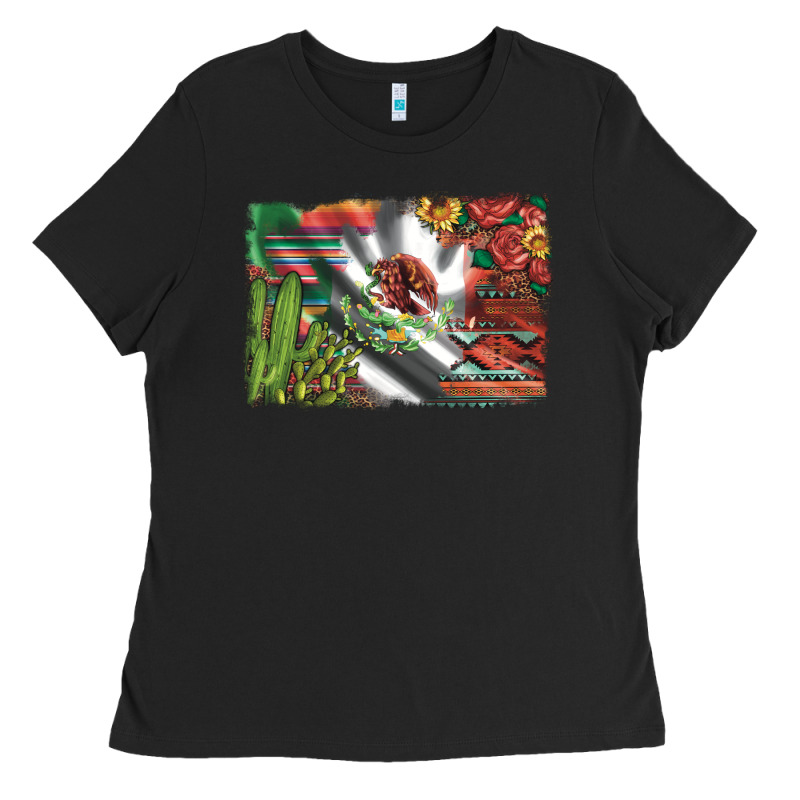 Mexico Flag Sunflowers Roses And Cactus With Serape Aztec And Leopard Ladies Tee by Artiststas | Teevron