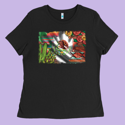 Mexico Flag Sunflowers Roses And Cactus With Serape Aztec And Leopard Ladies Tee Designed By Artiststas
