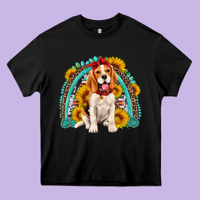 Beagle Turquoise And Sunflowers Rainbow Heavy Core Tee Designed By Artiststas