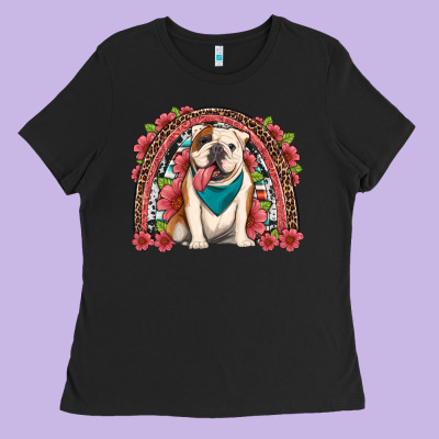 English Bulldog Floral Rainbow Ladies Tee Designed By Artiststas