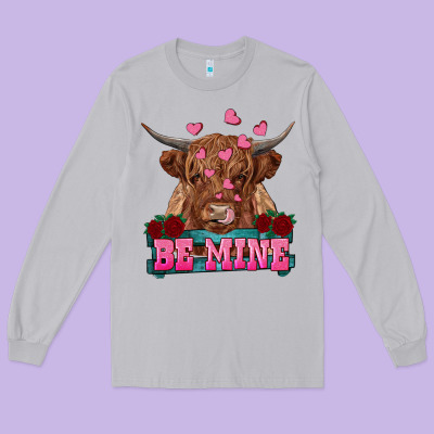 Be Mine Highland Cow Long Sleeve Tee Designed By Ranaportraitstore