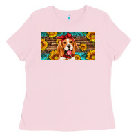 Bubblegum Pink beagle with sunflowers license plate Ladies Tee - Artiststas