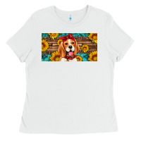 White beagle with sunflowers license plate Ladies Tee - Artiststas